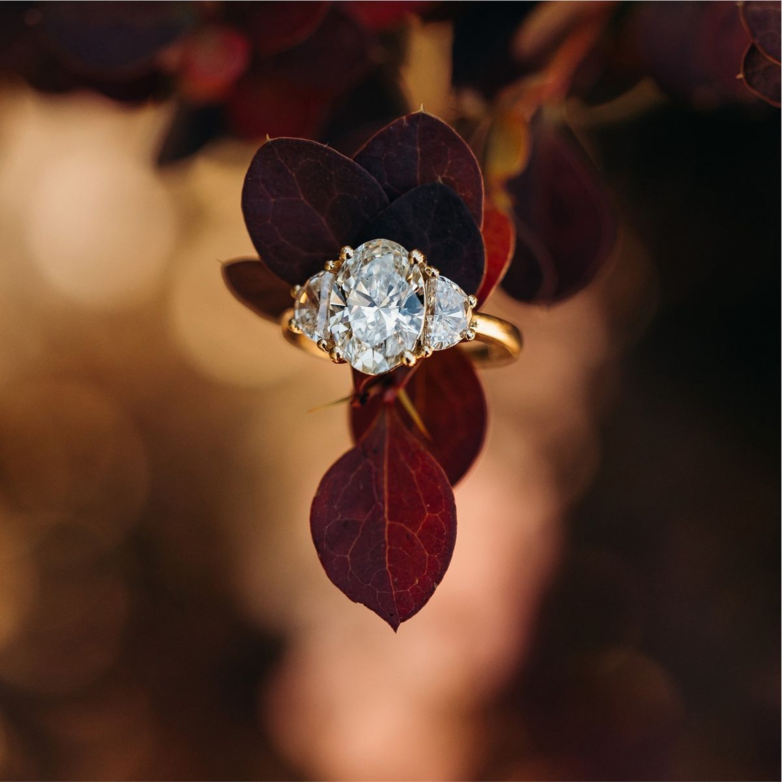 Verlobungsring mit warmem Roségold vor herbstlichem Laub